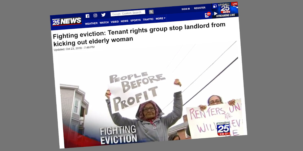 Screen capture of Boston 25 TV news coverage - headline Fighting eviction: tenant rights group stop landlord from kicking out elderly woman